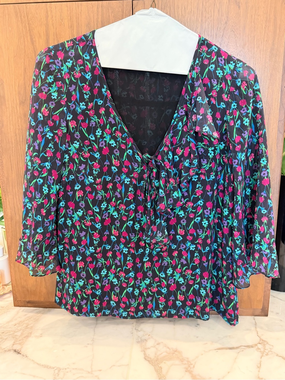 Floral Tie-Neck Black Blouse with Pink & Teal Flowers